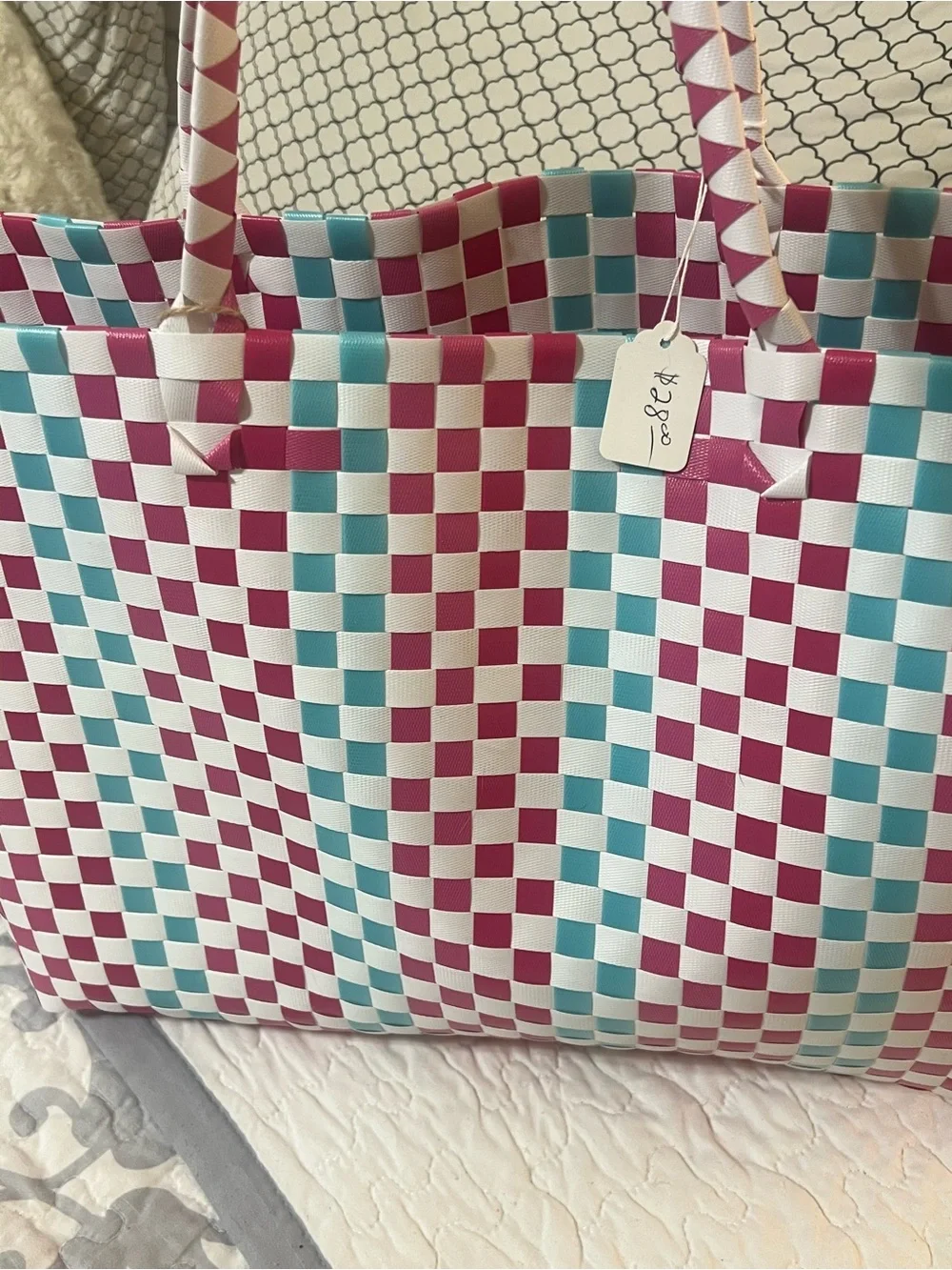 LUX Pink, White & Blue Woven Check Tote